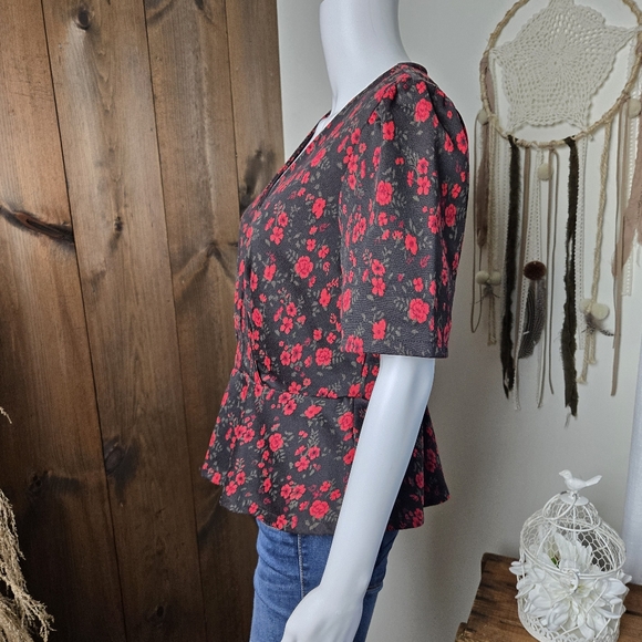 Anthropologie Meadow Rue Black Red Floral Peplum Faux Wrap Top - Picture 3 of 14